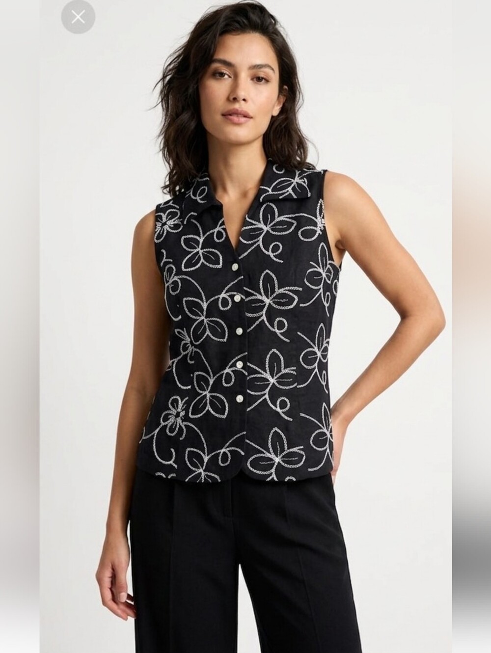 New! Saint Tropez West ✨️ Black Linen Sleeveless Button-Front Floral Top Size M